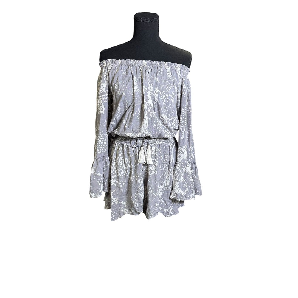 Surf Gypsy Romper Women's L Gray Snakeskin Off Shoulder Bell Sleeve